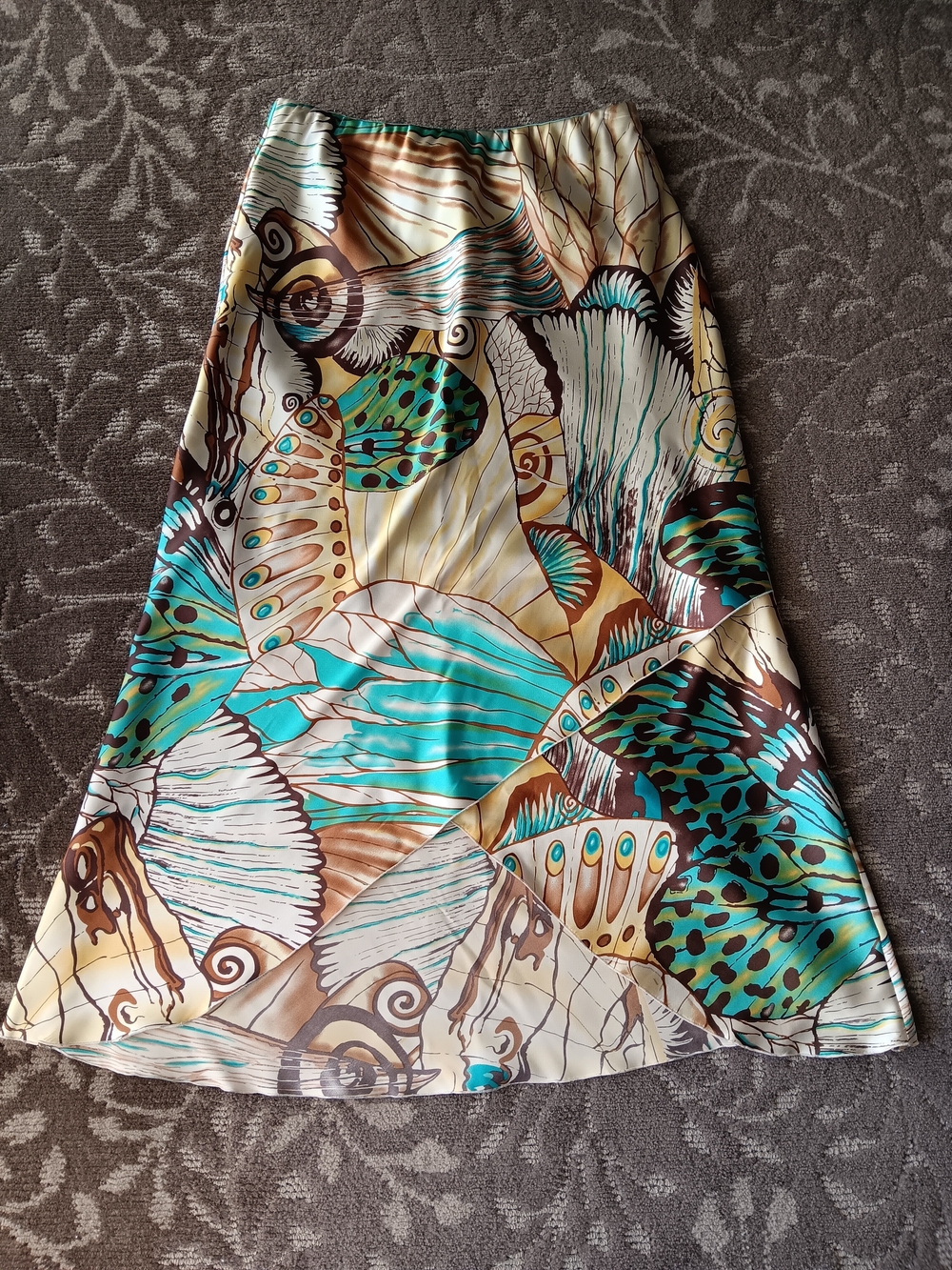 Russell Kemp Teal and Brown Silk Print Skirt Women's Size 8